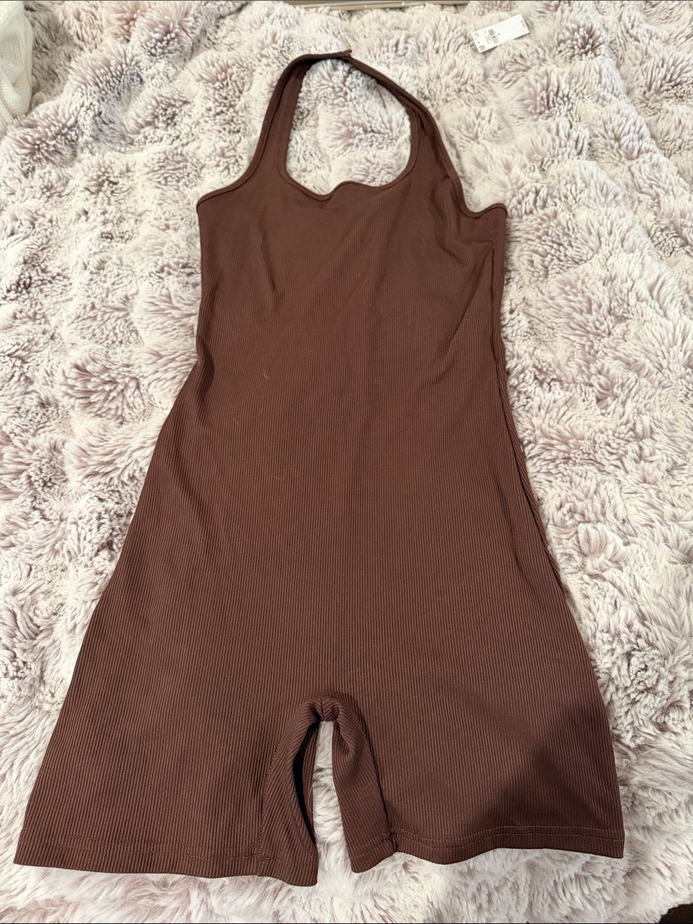 SHEIN Brown Ribbed Halter Short Romper